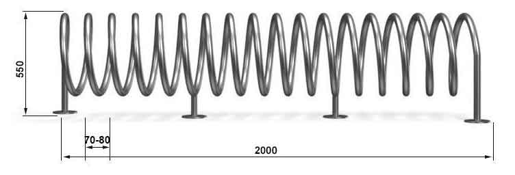Soporte para bicicletas en espiral de 2 metros de longitud con pies anclables y dimensiones técnicas