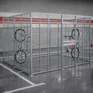 Jaula metálica cerrada para aparcamiento seguro de bicicletas con soportes interiores