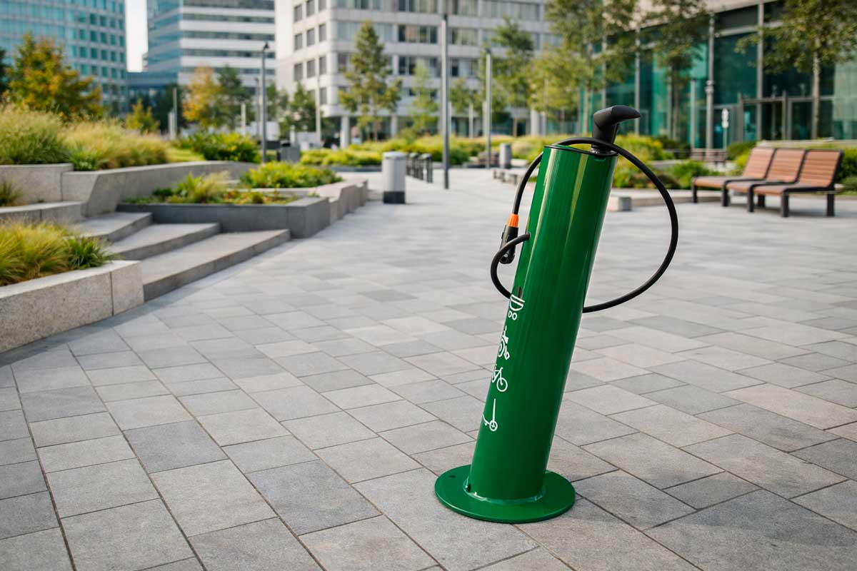 Bomba de inflado para bicicletas urbana instalada en espacio público