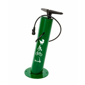 Bomba de inflado para bicicletas urbana en color verde con manómetro y base de anclaje