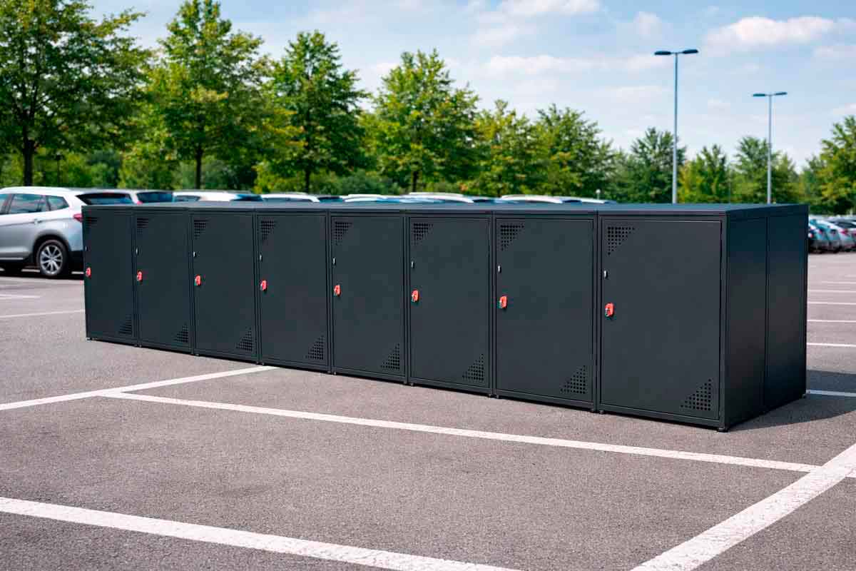 Box modular para bicicletas instalado en aparcamiento exterior con múltiples módulos cerrados