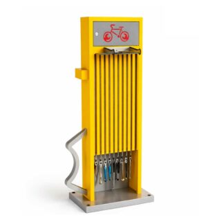 Estación de mantenimiento de bicicletas con bomba de aire y herramientas para espacios públicos