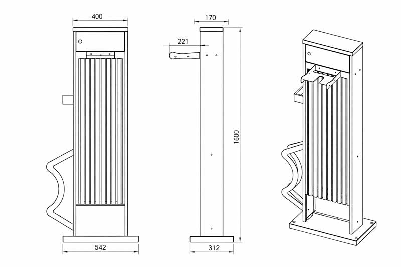 Dibujo técnico de columna de mantenimiento de bicicletas con medidas y vistas frontal, lateral e isométrica
