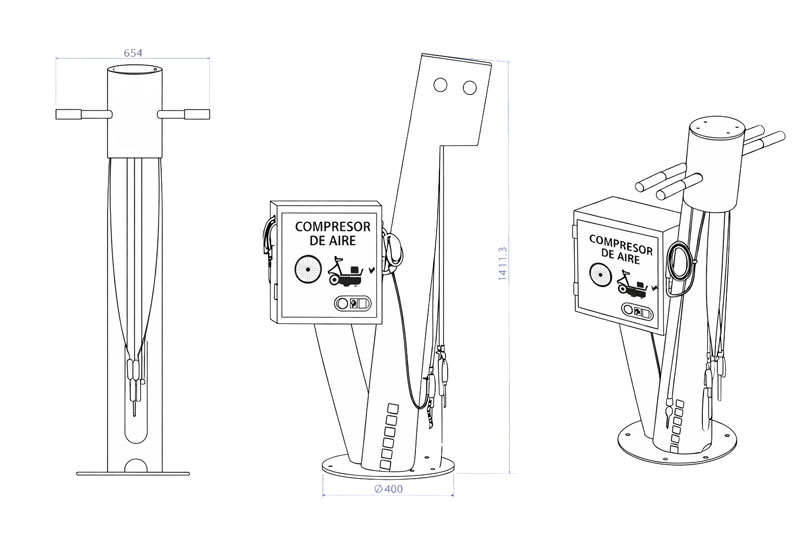 Dibujo técnico de estación de reparación de bicicletas con compresor de aire integrado