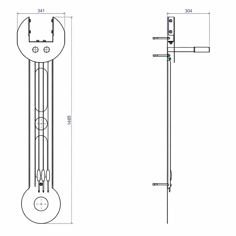 Plano técnico con dimensiones de columna de mantenimiento de bicicletas para pared