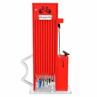 Estación de mantenimiento de bicicletas en columna roja con bomba de pistón y herramientas