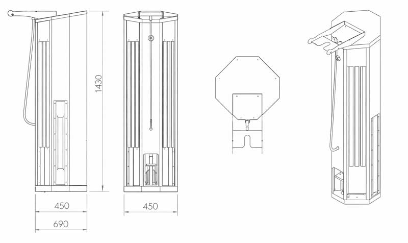 Plano técnico con dimensiones de estación de mantenimiento para bicicletas con base octogonal y bomba de pedal