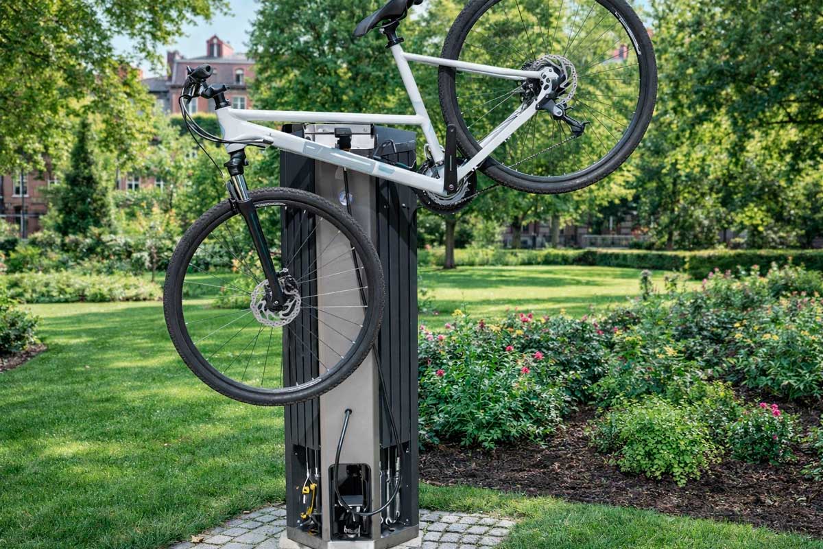 Estación de mantenimiento para bicicletas con base octogonal y bomba de inflado con pedal en jardín urbano