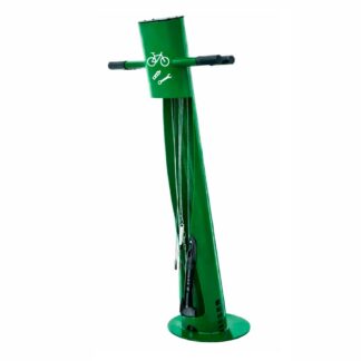 Estación de reparación de bicicletas autoservicio con bomba colgante y herramientas integradas