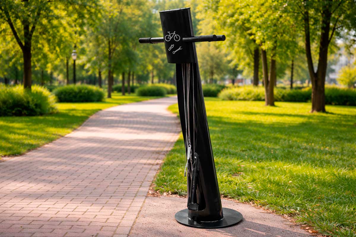 Estación de reparación de bicicletas negra con bomba colgante instalada en un parque urbano con adoquines
