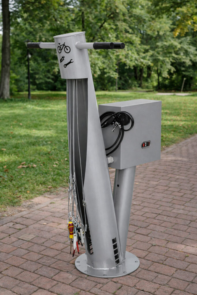 Estación de reparación de bicicletas instalada en parque urbano