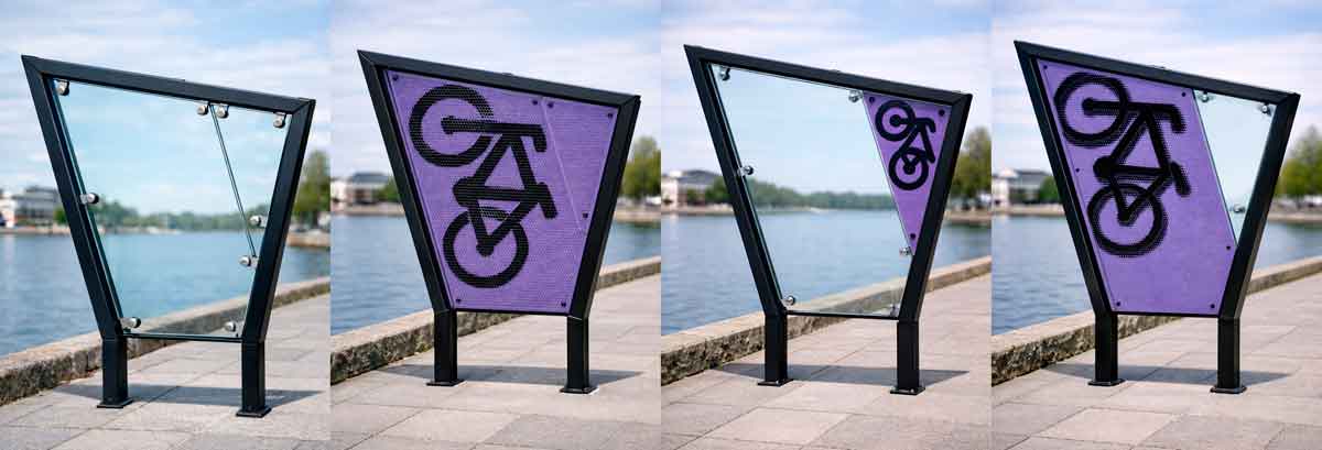 Laterales trapezoidales para marquesina de bicicletas en cristal y metal perforado con silueta de bicicleta