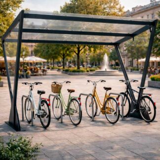 Marquesina moderna de aparcamiento para bicicletas de acero y cristal en entorno urbano