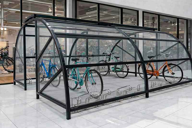 Marquesina cerrada para bicicletas de acero y policarbonato curvo instalada junto a edificio