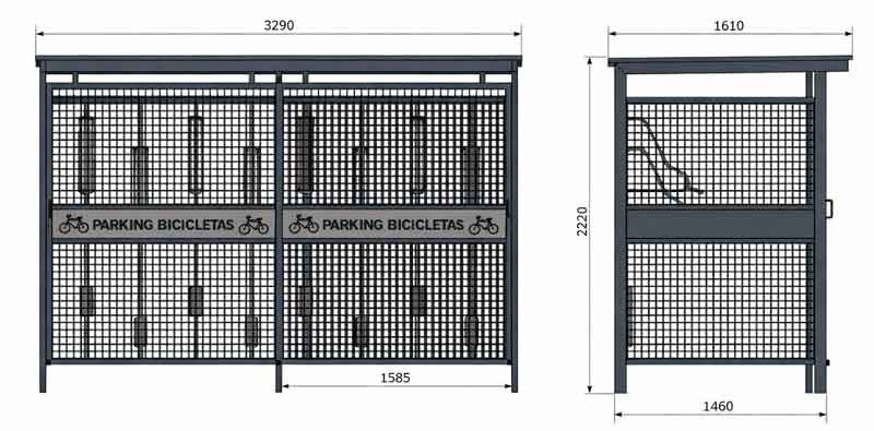 Plano técnico de marquesina cerrada antivandálica para aparcamiento de bicicletas