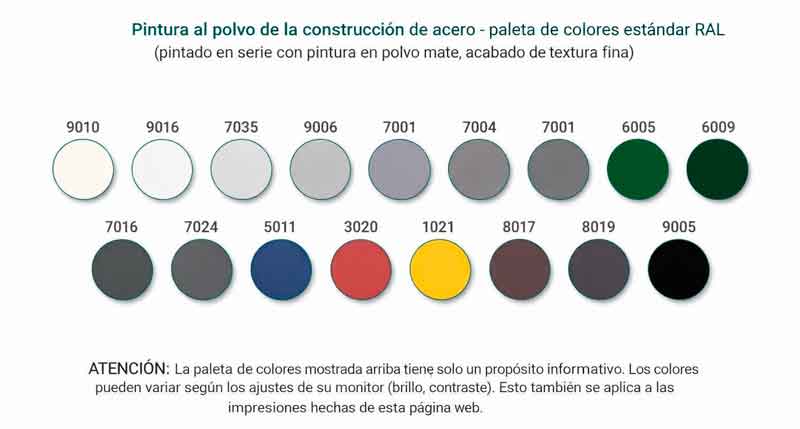 Paleta de colores RAL para pintura en polvo de estructura de acero