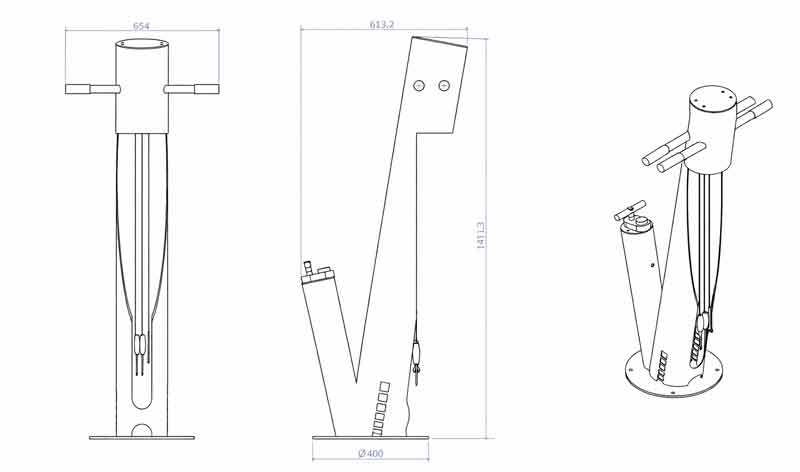 Plano técnico con medidas de estación urbana de reparación e inflado para bicicletas