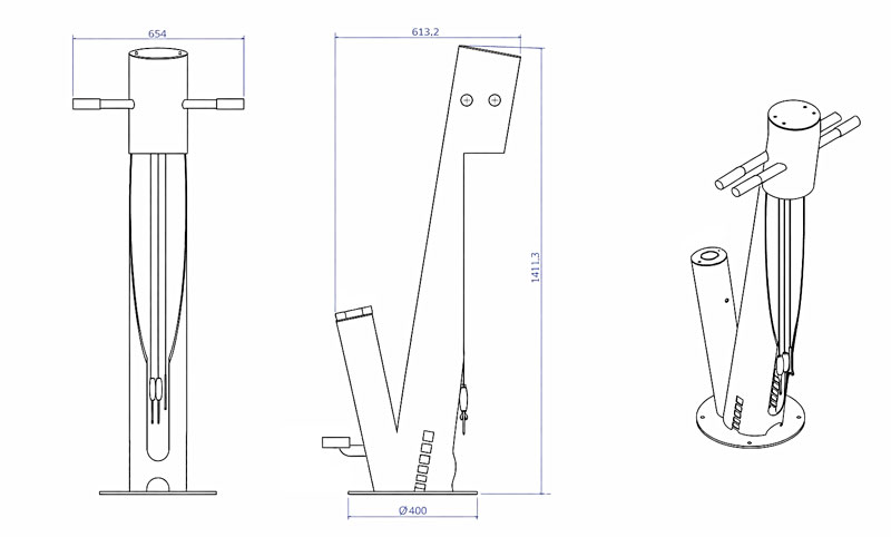 Dibujo técnico de estación de mantenimiento de bicicletas con bomba accionada por pedal