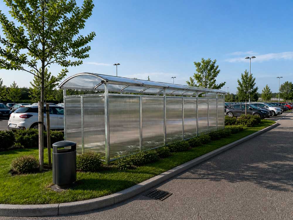 Marquesina Covera Closed para bicicletas instalada en parking exterior con estructura de acero galvanizado y cerramientos de policarbonato.